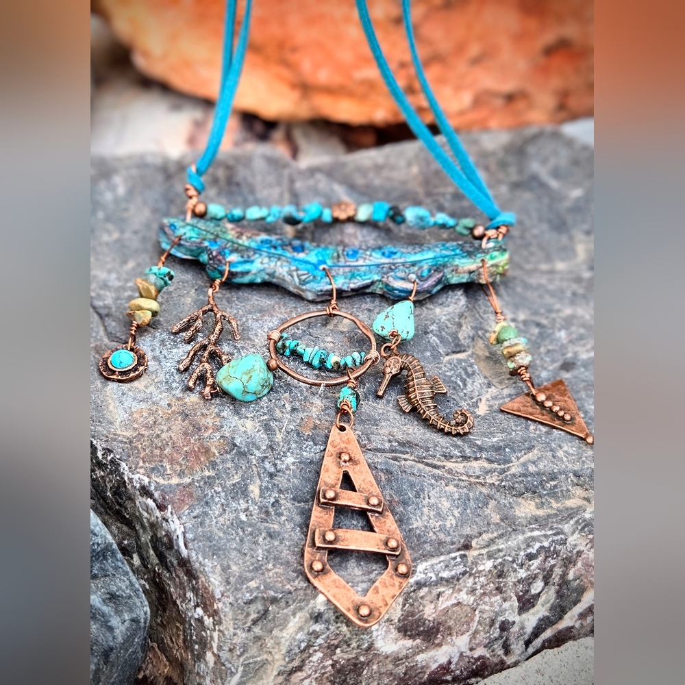 Blue In Earth Assemblage W/ Turquoise In One-of-A-Kind Artisan Copper Necklace - Picture 5 of 9